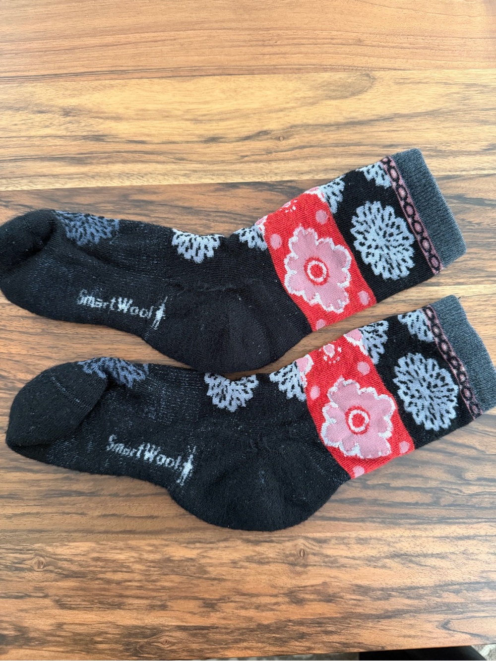 SmartWool Black Crew Socks with Red and Pink Floral Band